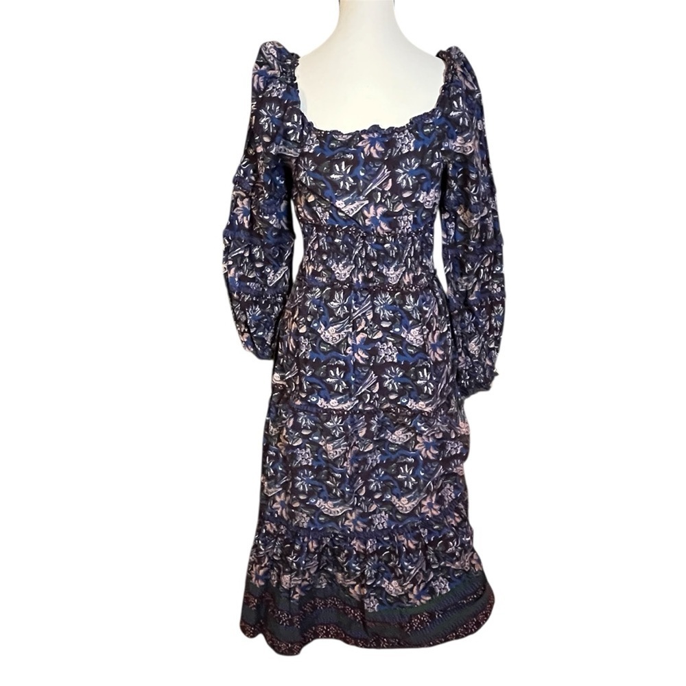 Sea New York Noah Floral Bird Print Smocked Long Sleeve Midi Dress Sz 4 Cotton - Picture 3 of 9
